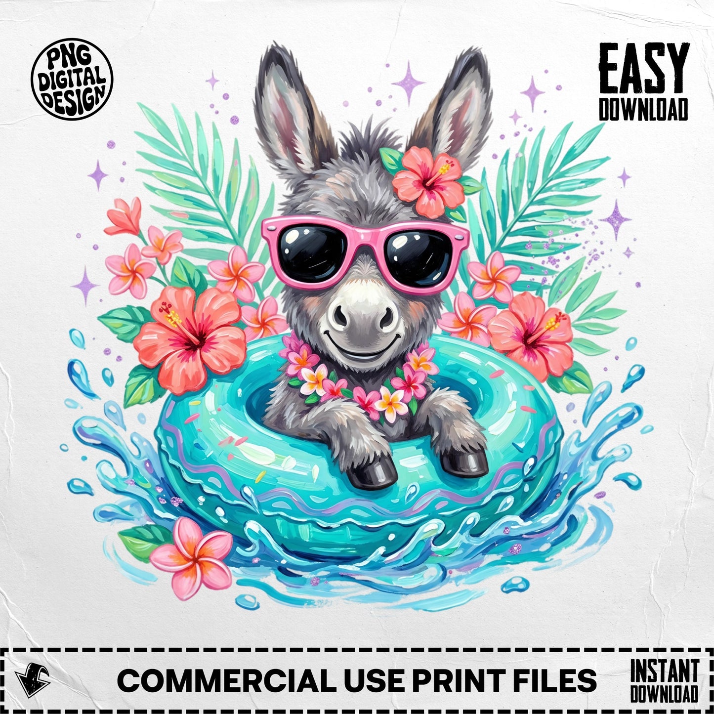 Cartoon donkey in sunglasses on a pool float surrounded by flowers and water.