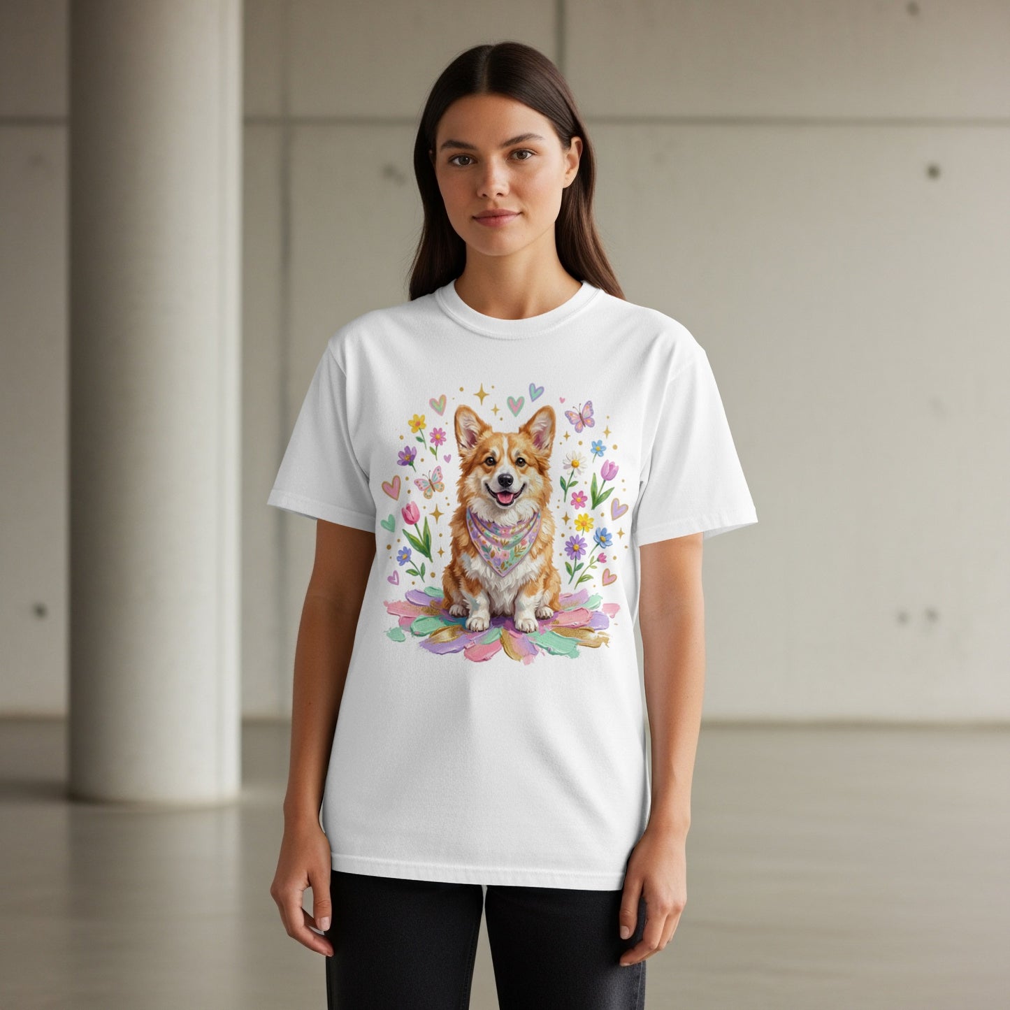 White t-shirt with a corgi wearing a bandana surrounded by flowers and butterflies.