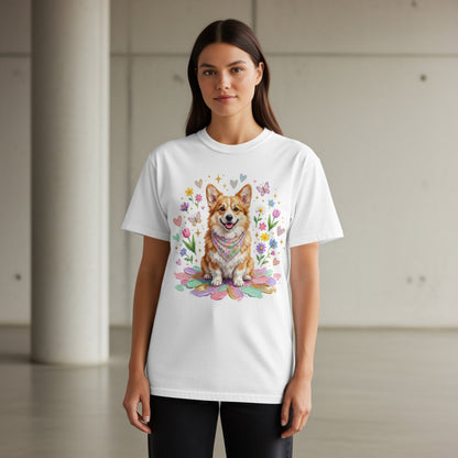 White t-shirt with a corgi wearing a bandana surrounded by flowers and butterflies.