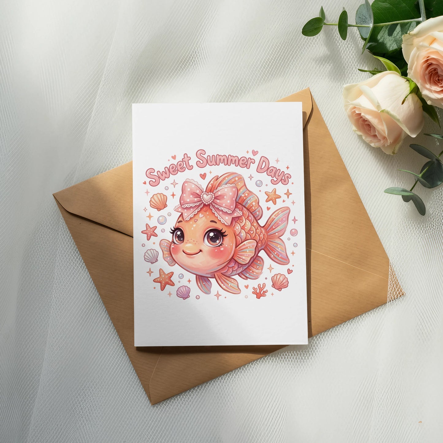 Card with a cute cartoon goldfish saying "Sweet Summer Days."