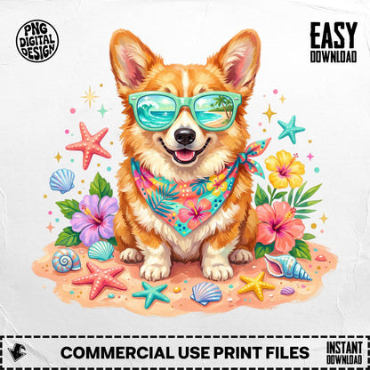 Smiling corgi wearing sunglasses and bandana, surrounded by seashells and tropical flowers.