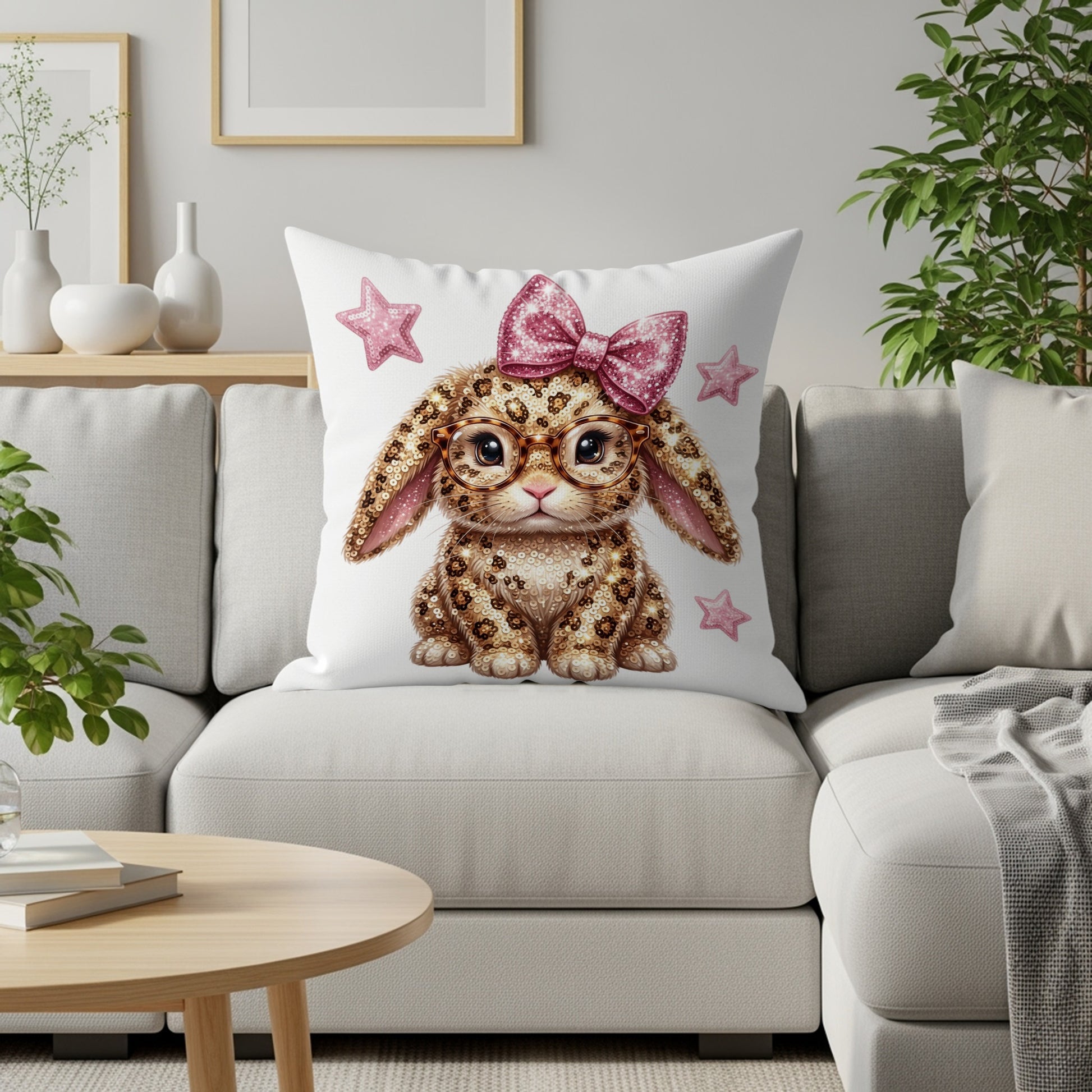 Bunny with pink bow and glasses on a throw pillow.