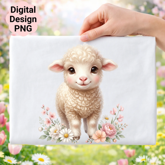 Cute cartoon lamb with flowers, digital design PNG.