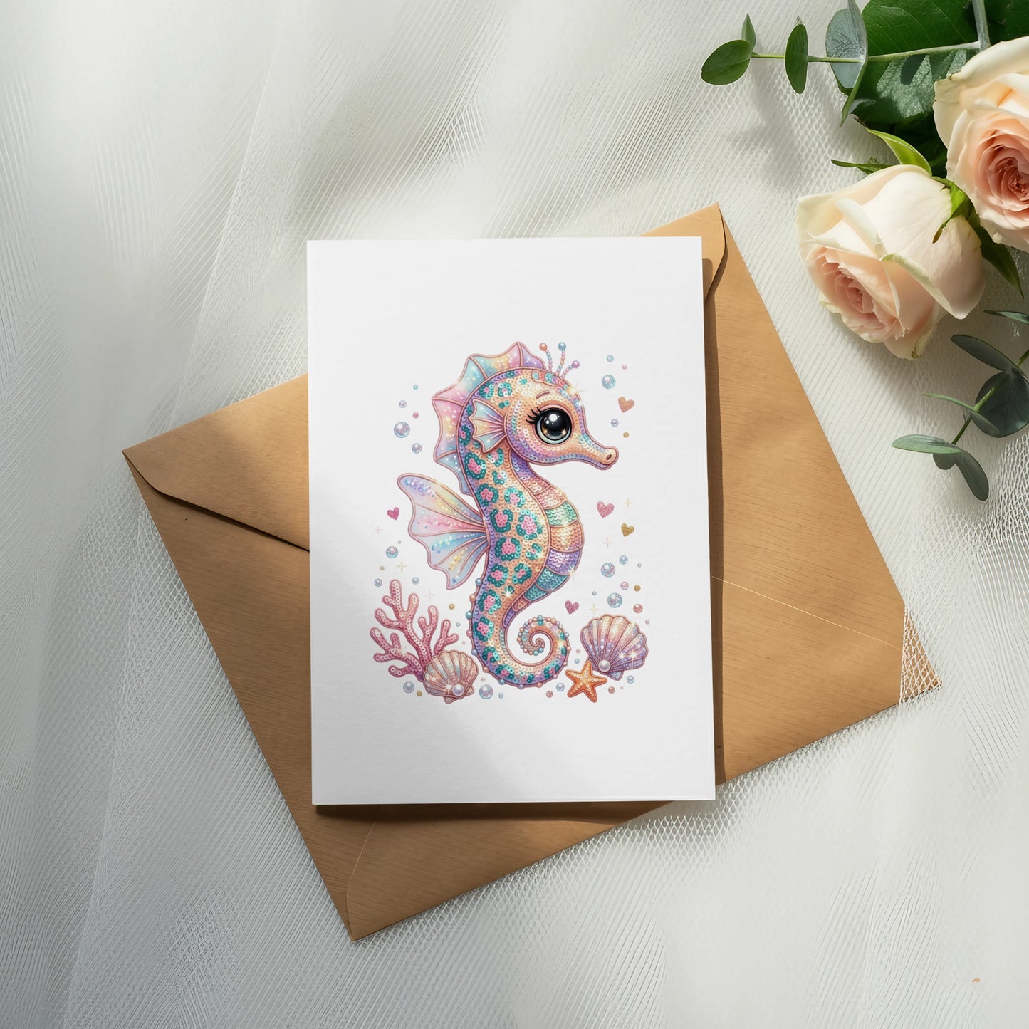 Whimsical seahorse illustration with shells and bubbles on a card.