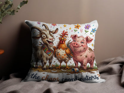 Farm animals: goat, chicken, and pig, with text "e the chaos coordinators".