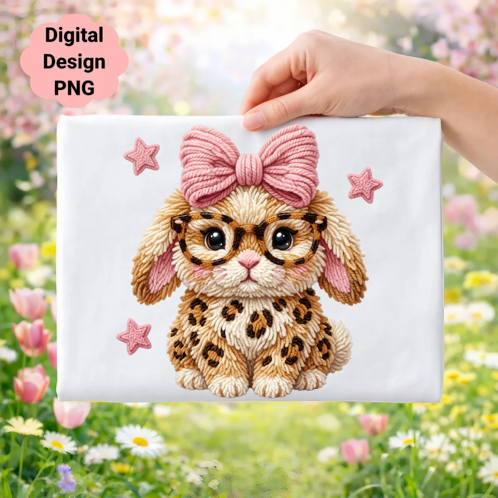 Bunny with glasses and bow holding leopard print patterned ears, pink stars.