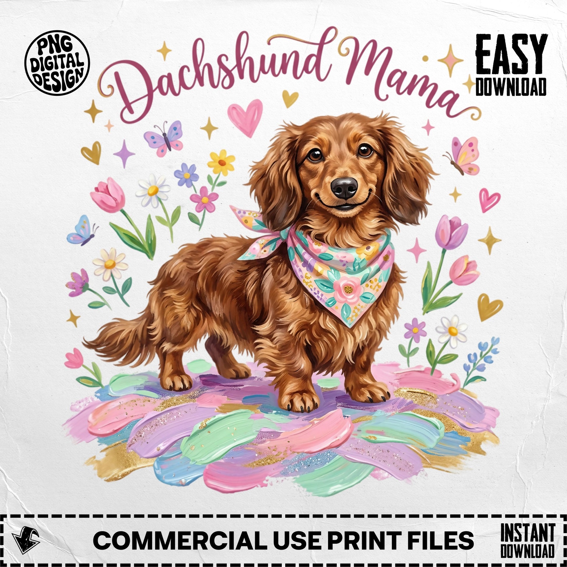 Dachshund mama with flowers and butterflies, bandana, text overlay.