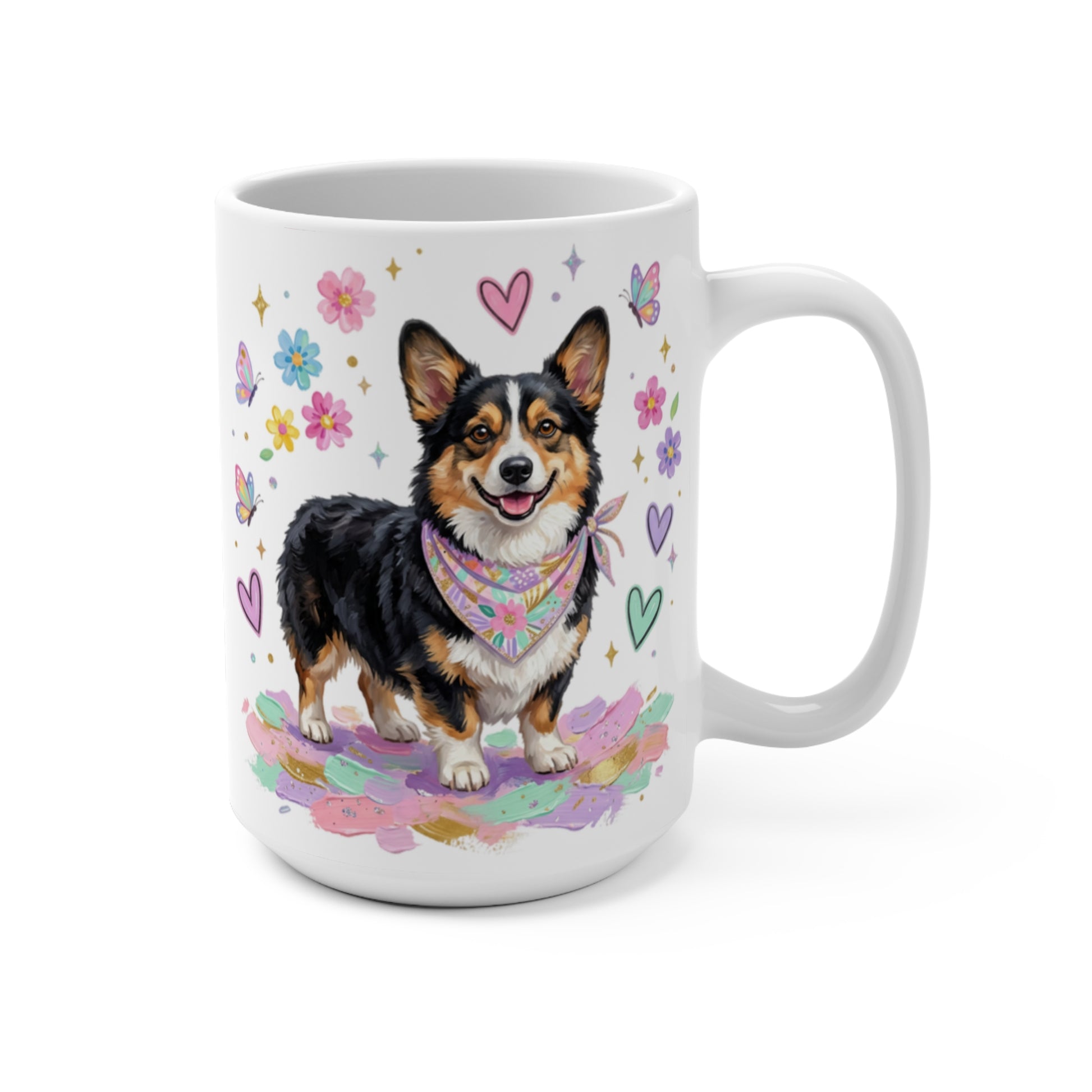 Corgi wearing a bandana on a colorful background with hearts and butterflies.
