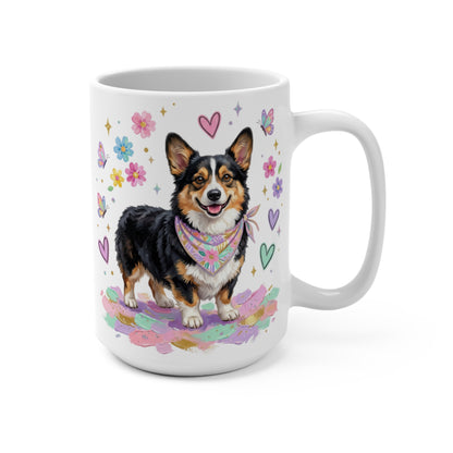 Corgi wearing a bandana on a colorful background with hearts and butterflies.