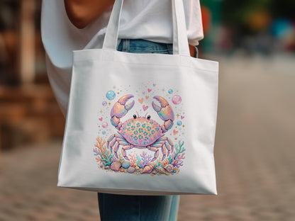 White canvas tote bag featuring a colorful cartoon crab and ocean elements.
