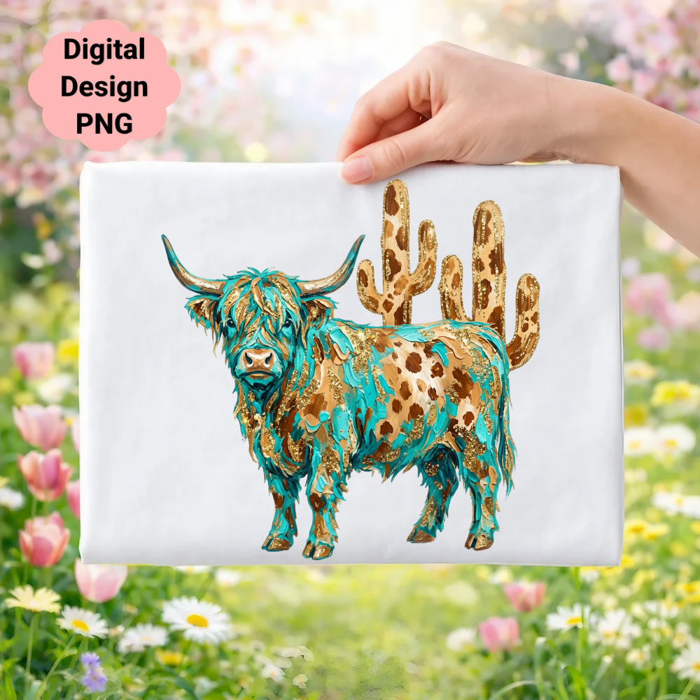 Highland cow with turquoise and gold, against a blurred floral background.