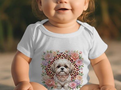Baby wearing a white onesie with a Shih Tzu and floral graphic.