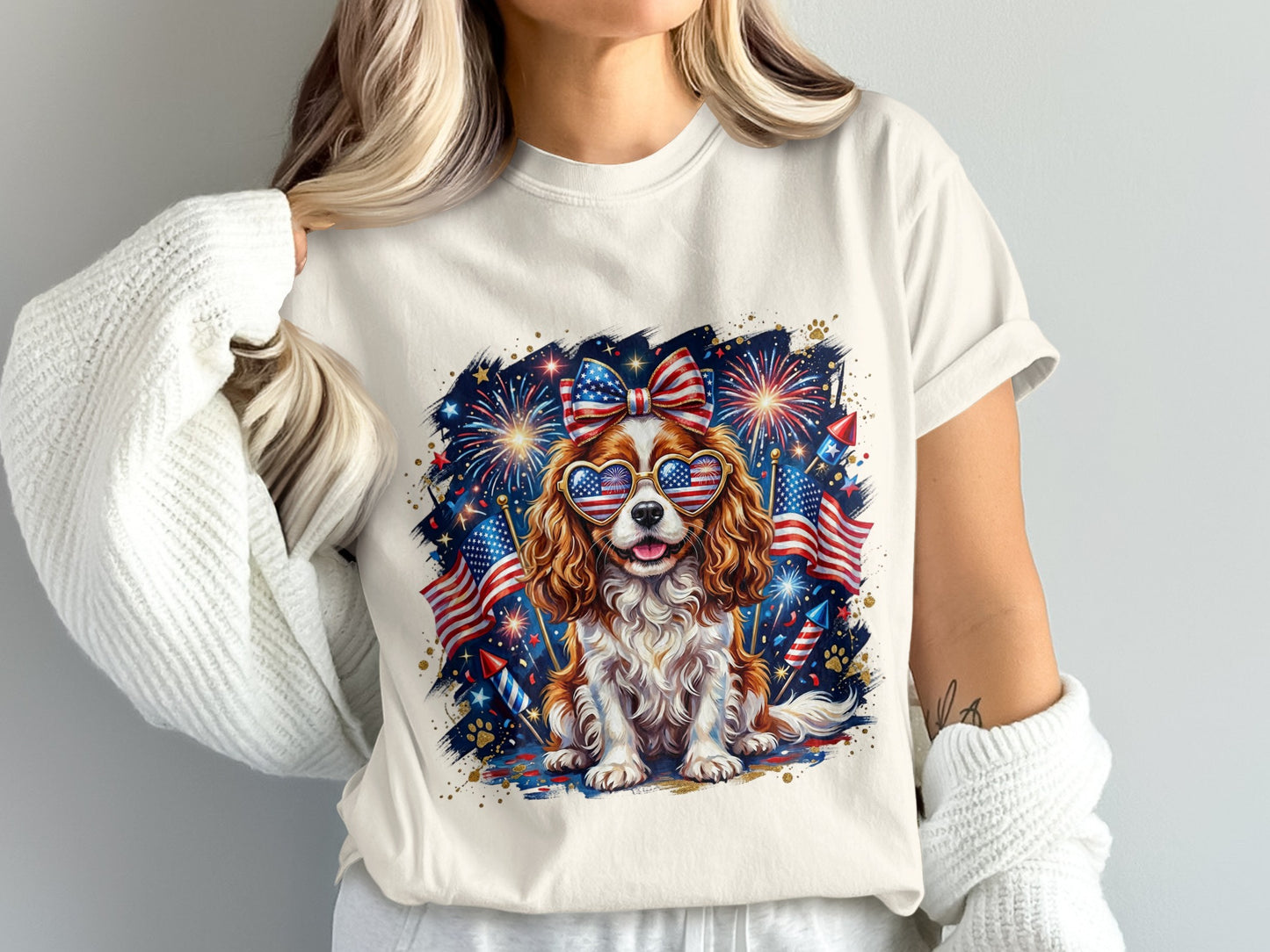 Dog wearing heart-shaped sunglasses and a bow tie with fireworks and American flags.