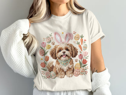 Dog wearing bunny ears, surrounded by Easter eggs and flowers.