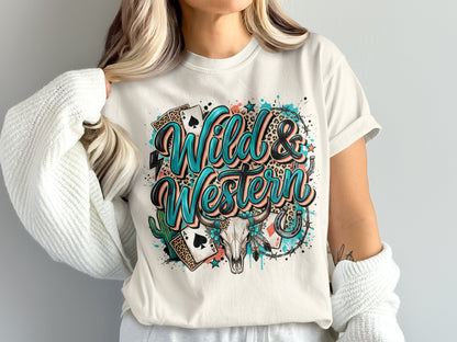 T-shirt with "Wild & Western" text, skull, cacti, and playing cards.