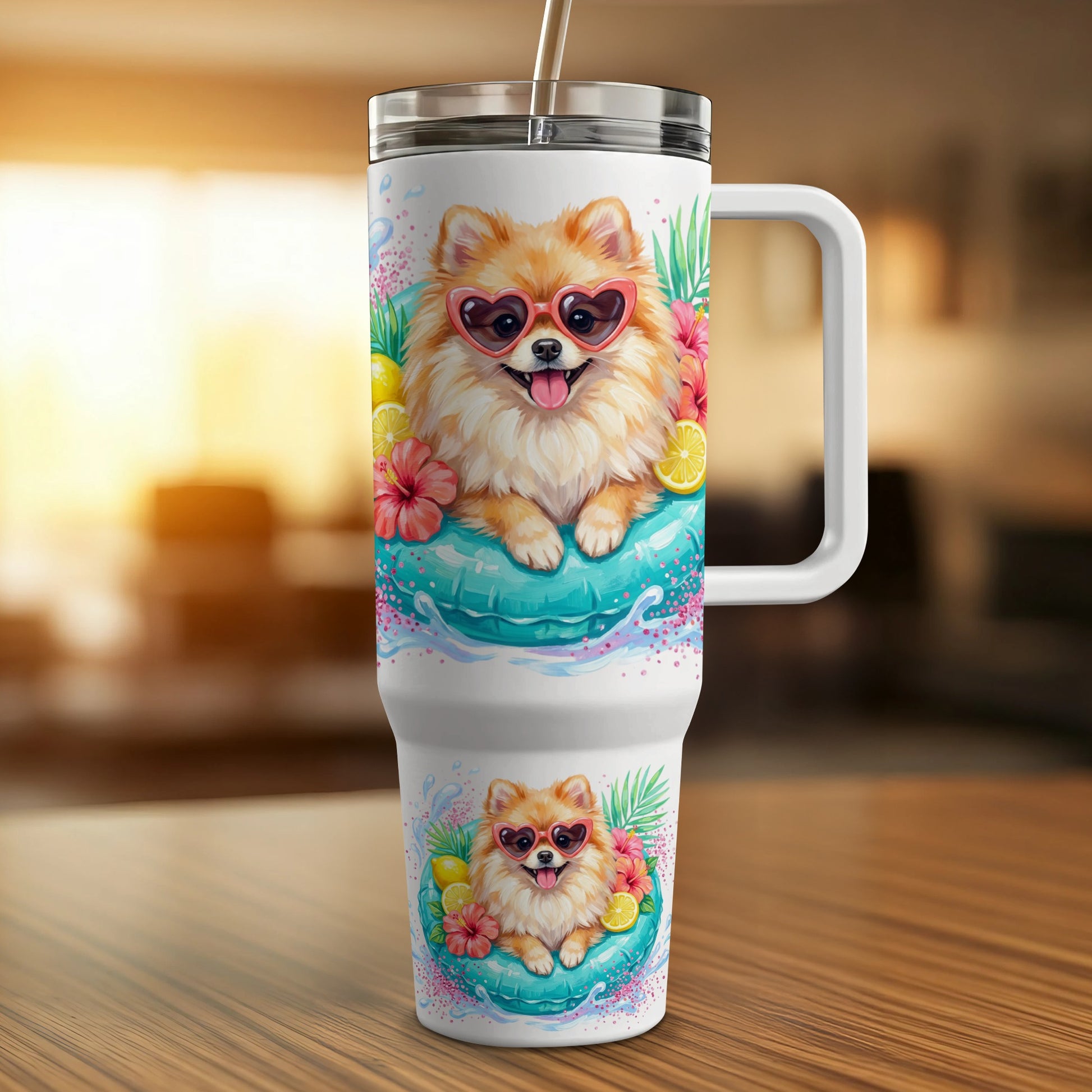 Pomeranian dog with heart sunglasses on a pool float with tropical flowers.
