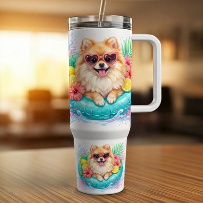 Pomeranian dog with heart sunglasses on a pool float with tropical flowers.