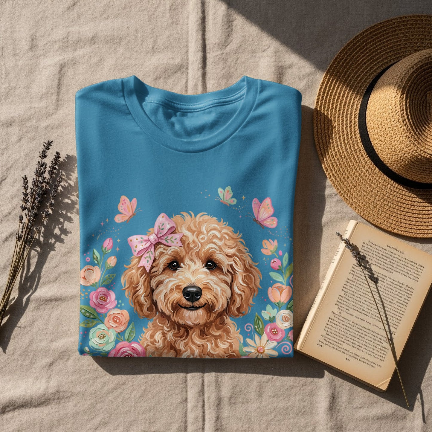 Blue t-shirt with a fluffy brown dog wearing a pink bow and surrounded by flowers and butterflies.