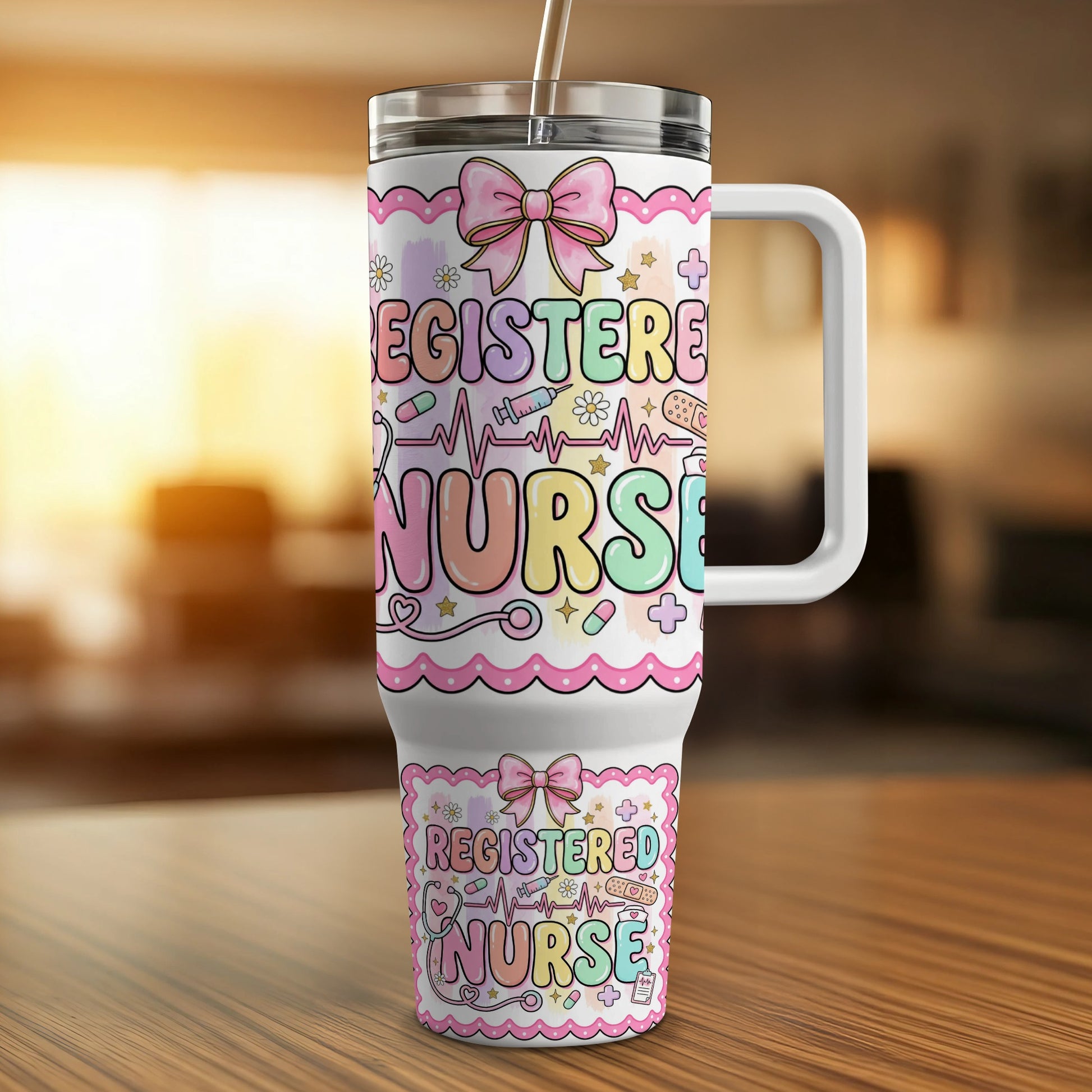 Registered Nurse tumbler with pastel colors and medical icons.