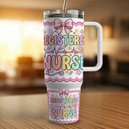 Registered Nurse tumbler with pastel colors and medical icons.