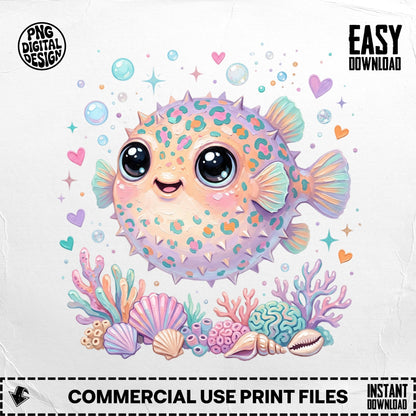 Cute pufferfish with colorful spots, surrounded by seashells and coral.