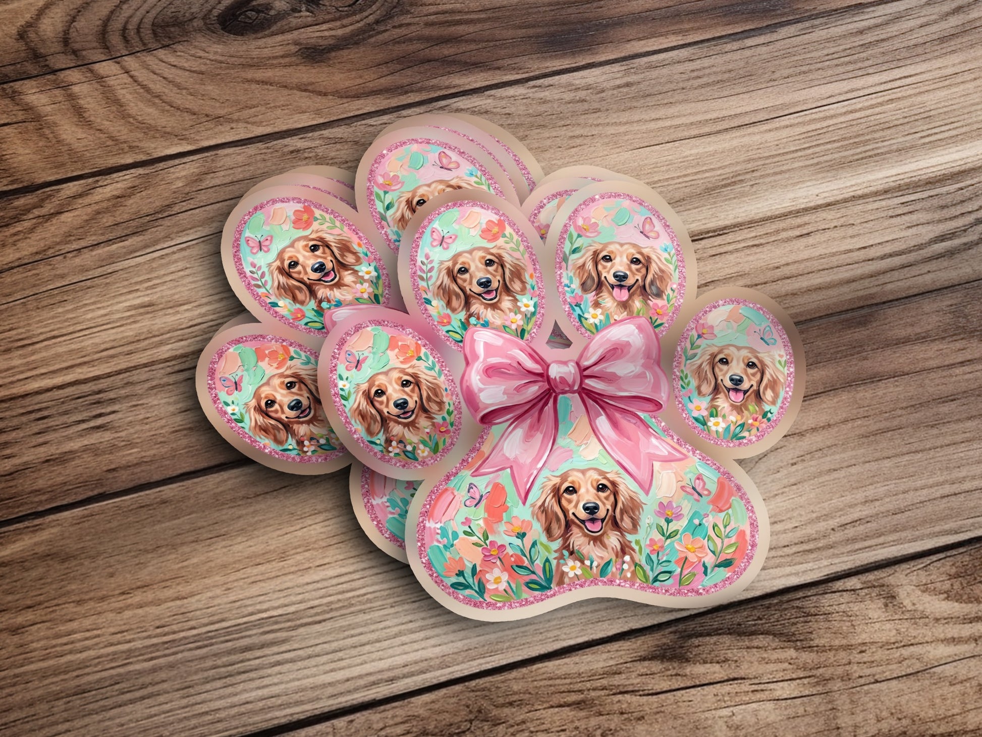 Paw print sticker with golden retriever and floral design.