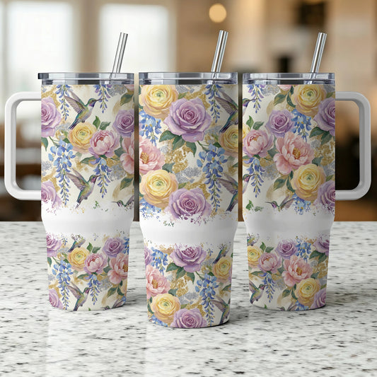 Three tumblers with a floral and hummingbird design.
