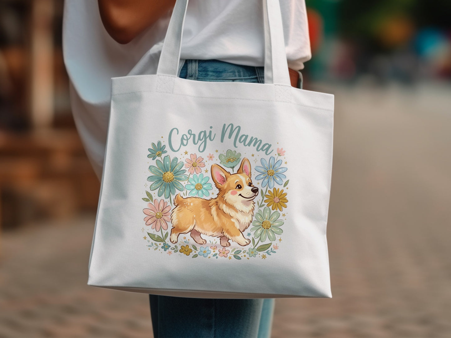 White tote bag with a corgi and floral illustration that says "Corgi Mama".