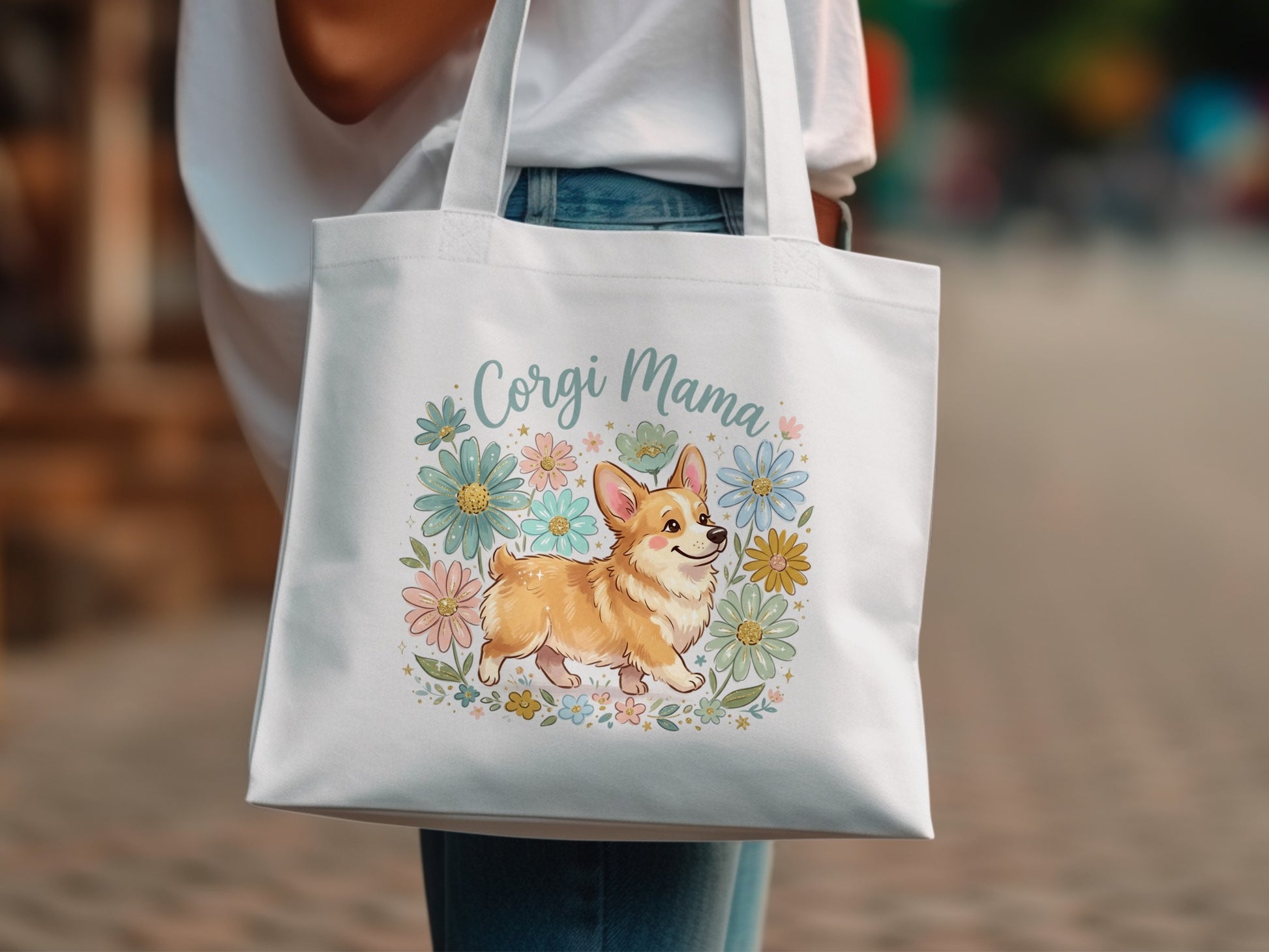 White tote bag with a corgi and floral illustration that says "Corgi Mama".