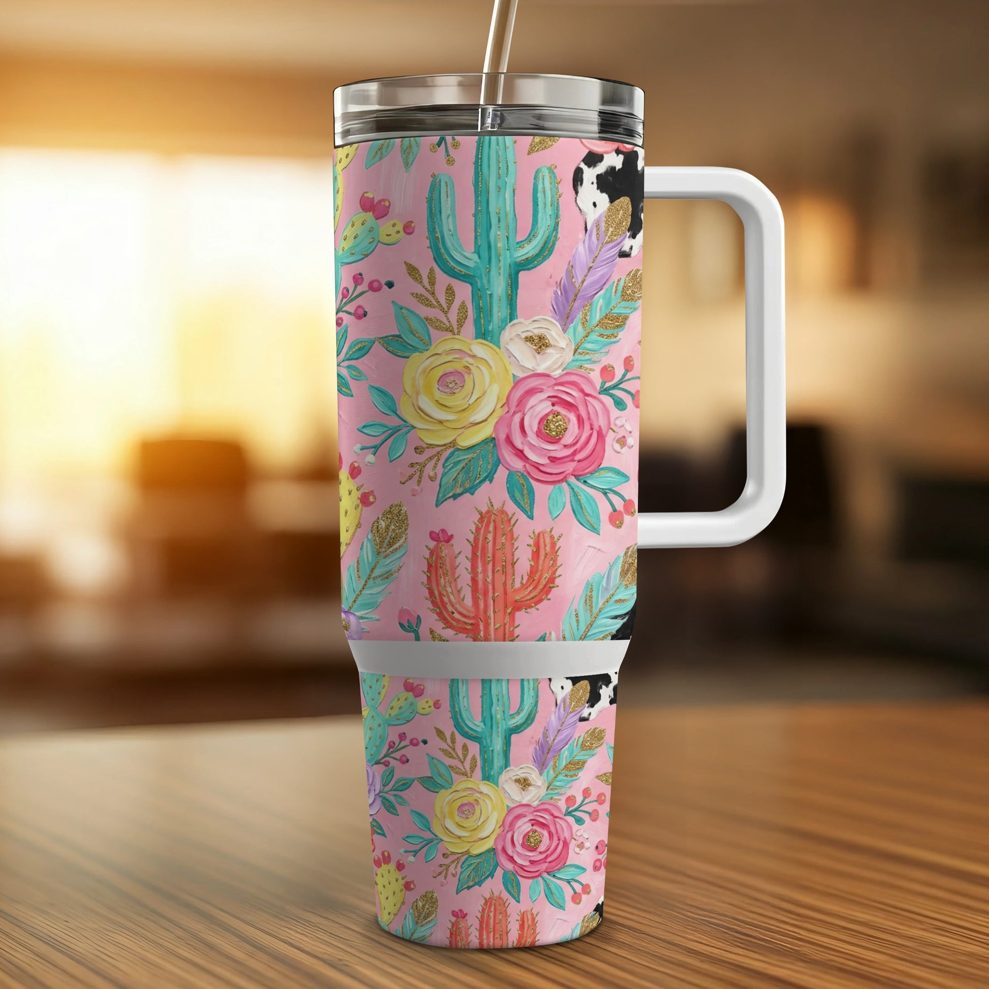 Pink tumbler with cactus, floral, and cow print design.