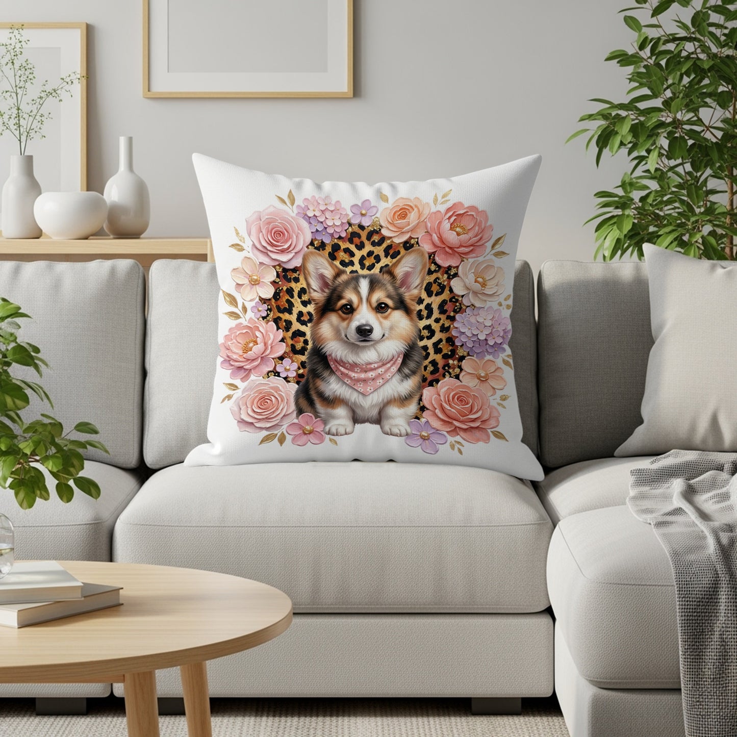 Corgi with bandana on a floral and leopard print pillow.