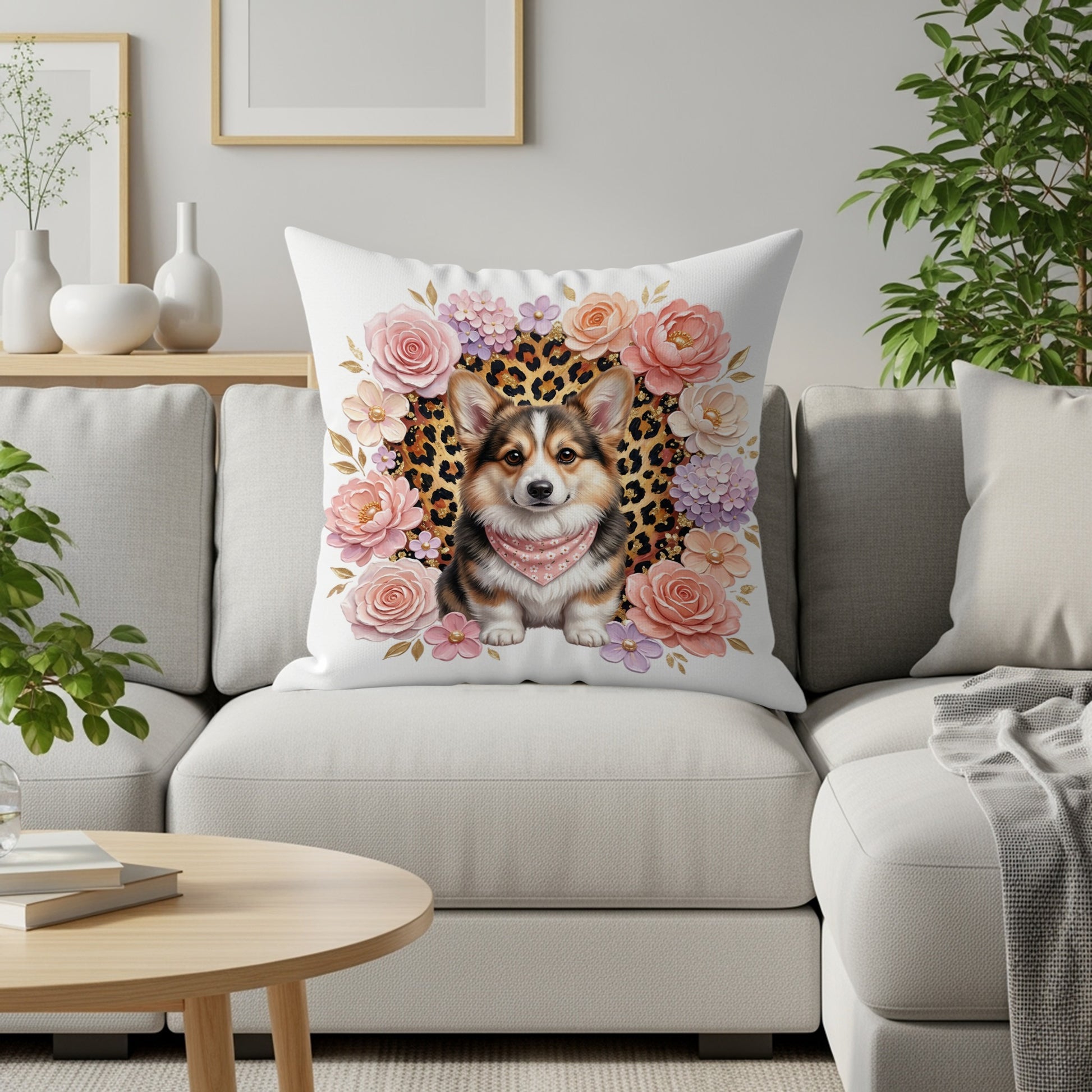 Corgi with bandana on a floral and leopard print pillow.