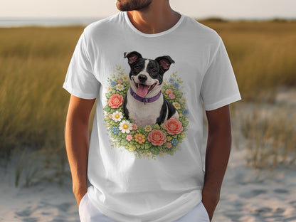 White t-shirt with a dog in a floral wreath design.