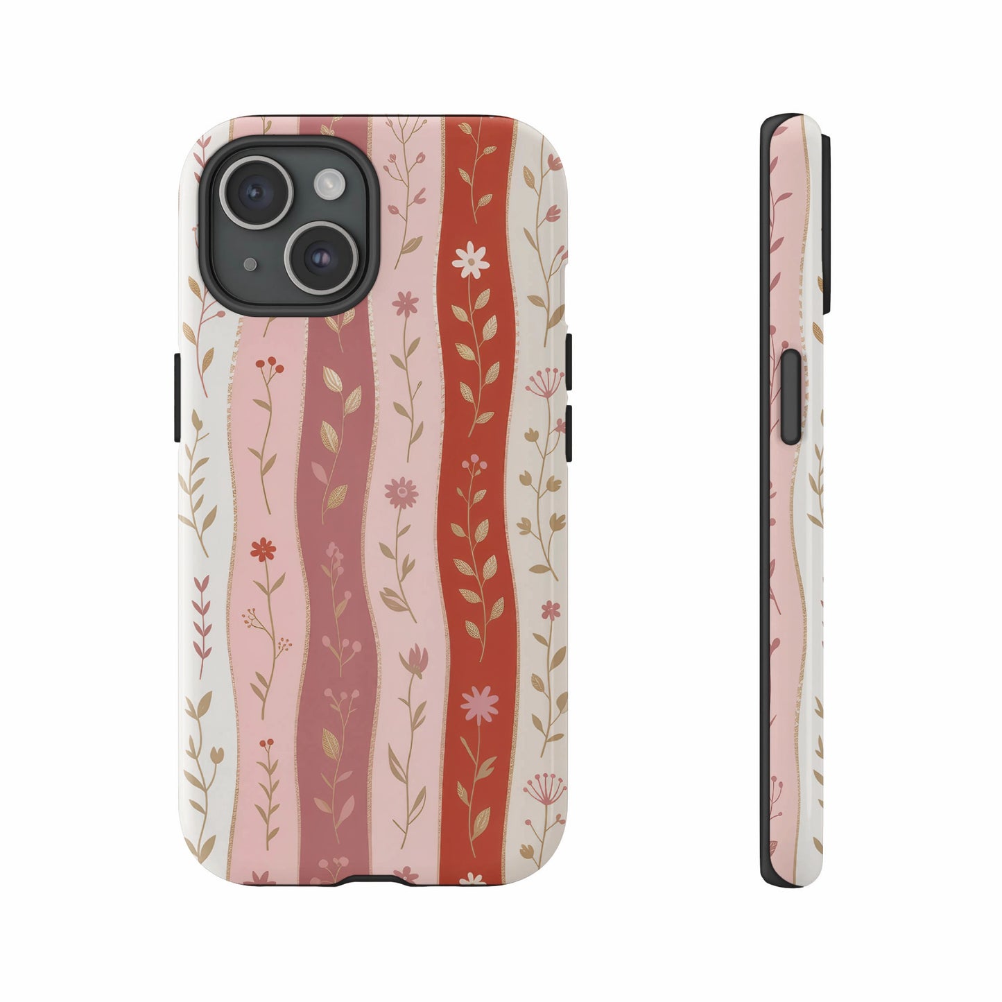 Floral wavy stripe pattern on a pink and white iPhone case.