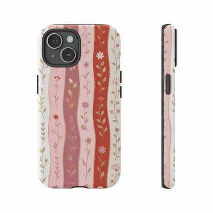 Floral wavy stripe pattern on a pink and white iPhone case.