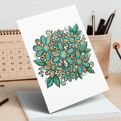 Floral illustration with teal and gold leopard print petals on white cardstock.