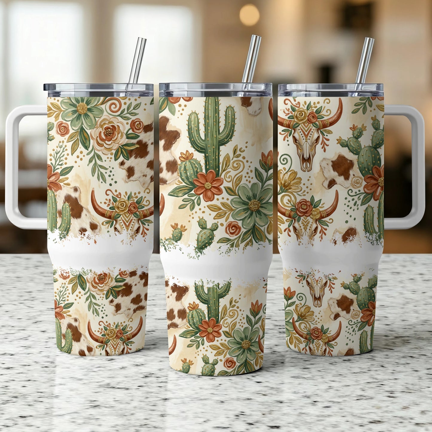 Tumbler with cowhide, cacti, and floral southwestern pattern.