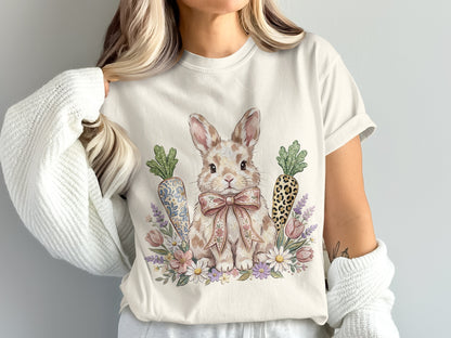 T-shirt with a watercolor bunny and carrots, adorned with a patterned bow.