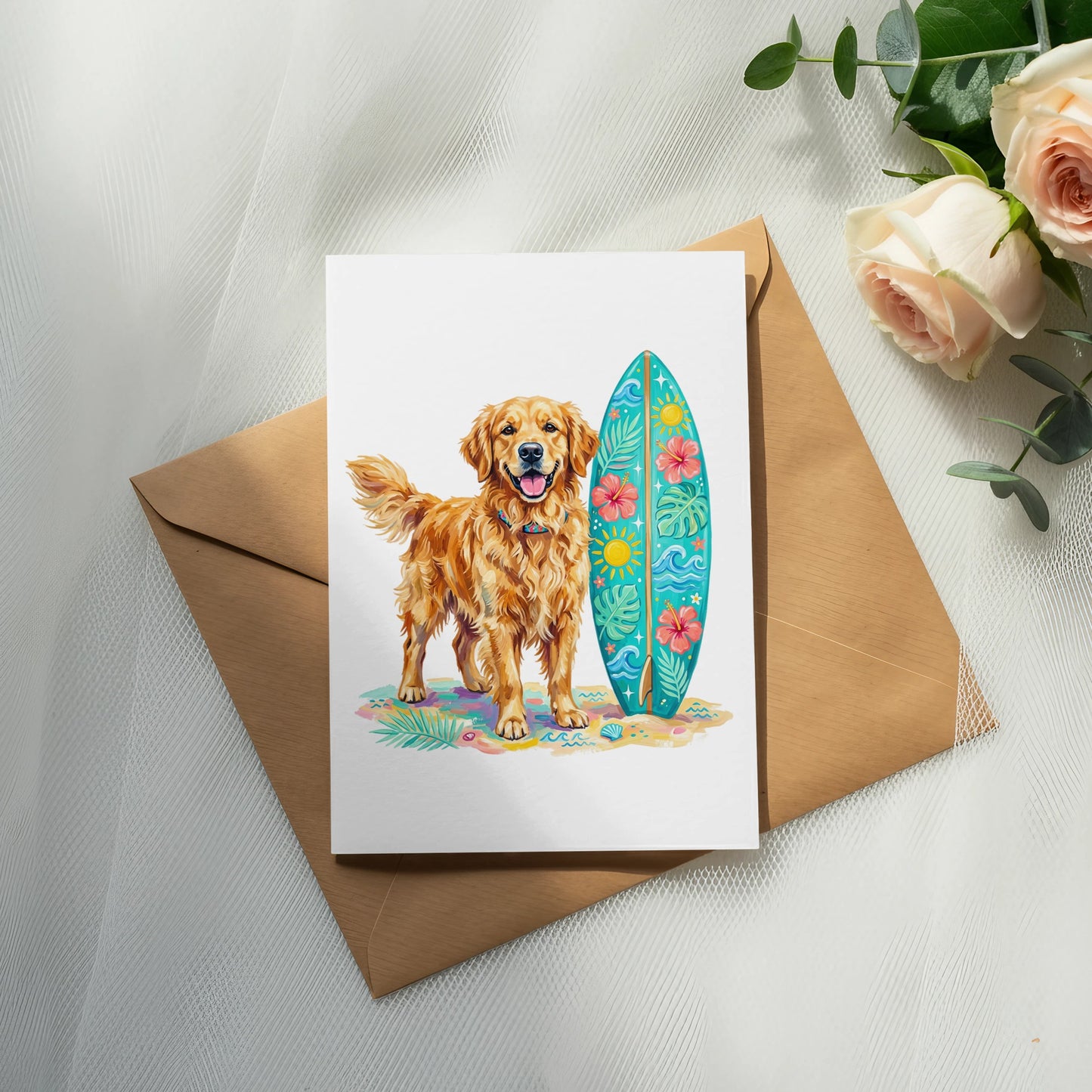 Golden retriever dog with a surfboard on a beach.
