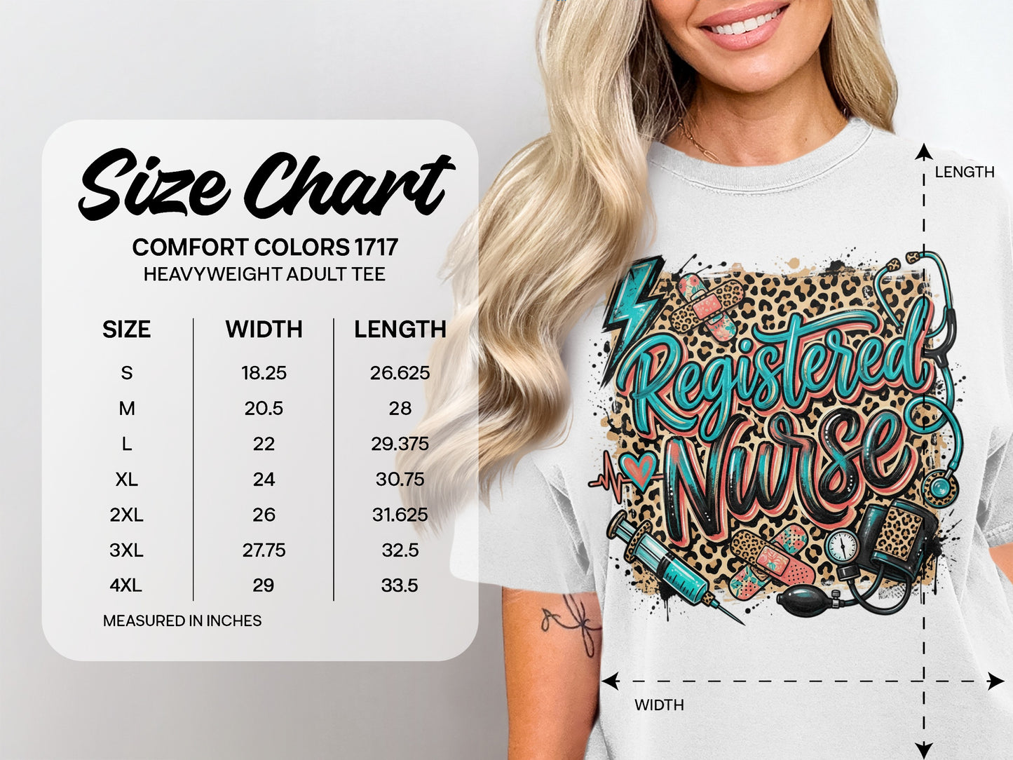 Size chart for Comfort Colors 1717 heavyweight adult tee, measured in inches.