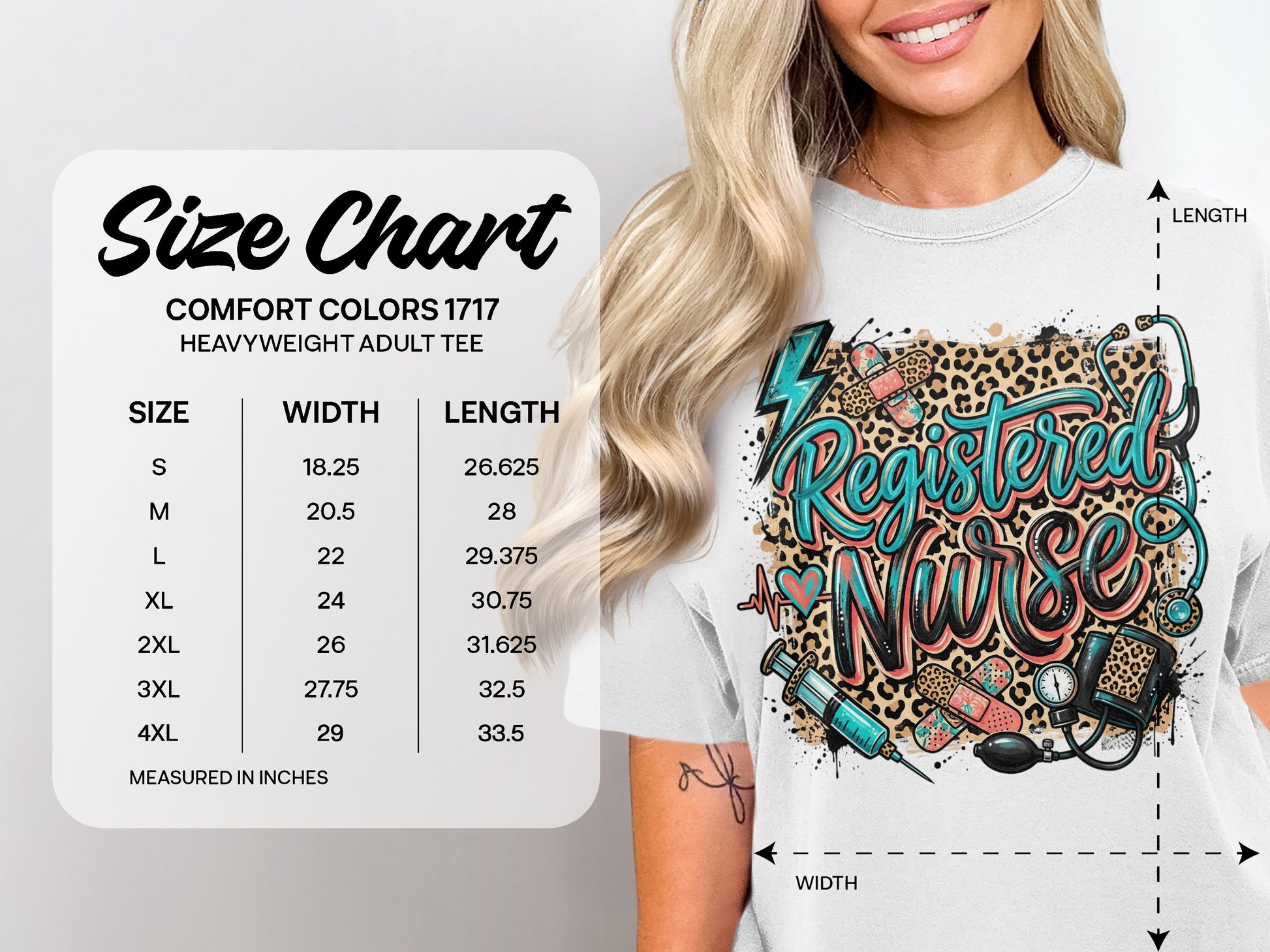 Size chart for Comfort Colors 1717 heavyweight adult tee, measured in inches.