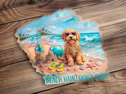 Dog with sunglasses and beach toys on a sandy beach.