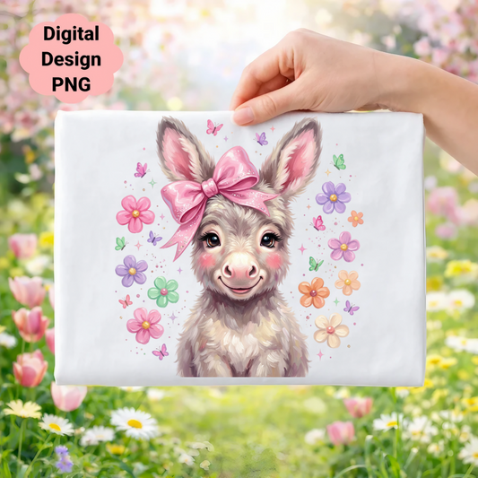 Cute donkey with pink bow and colorful flowers.
