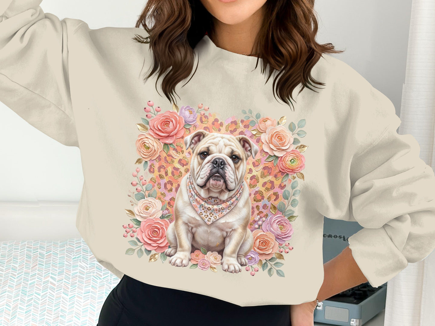 Bulldog wearing bandana surrounded by floral and leopard print.
