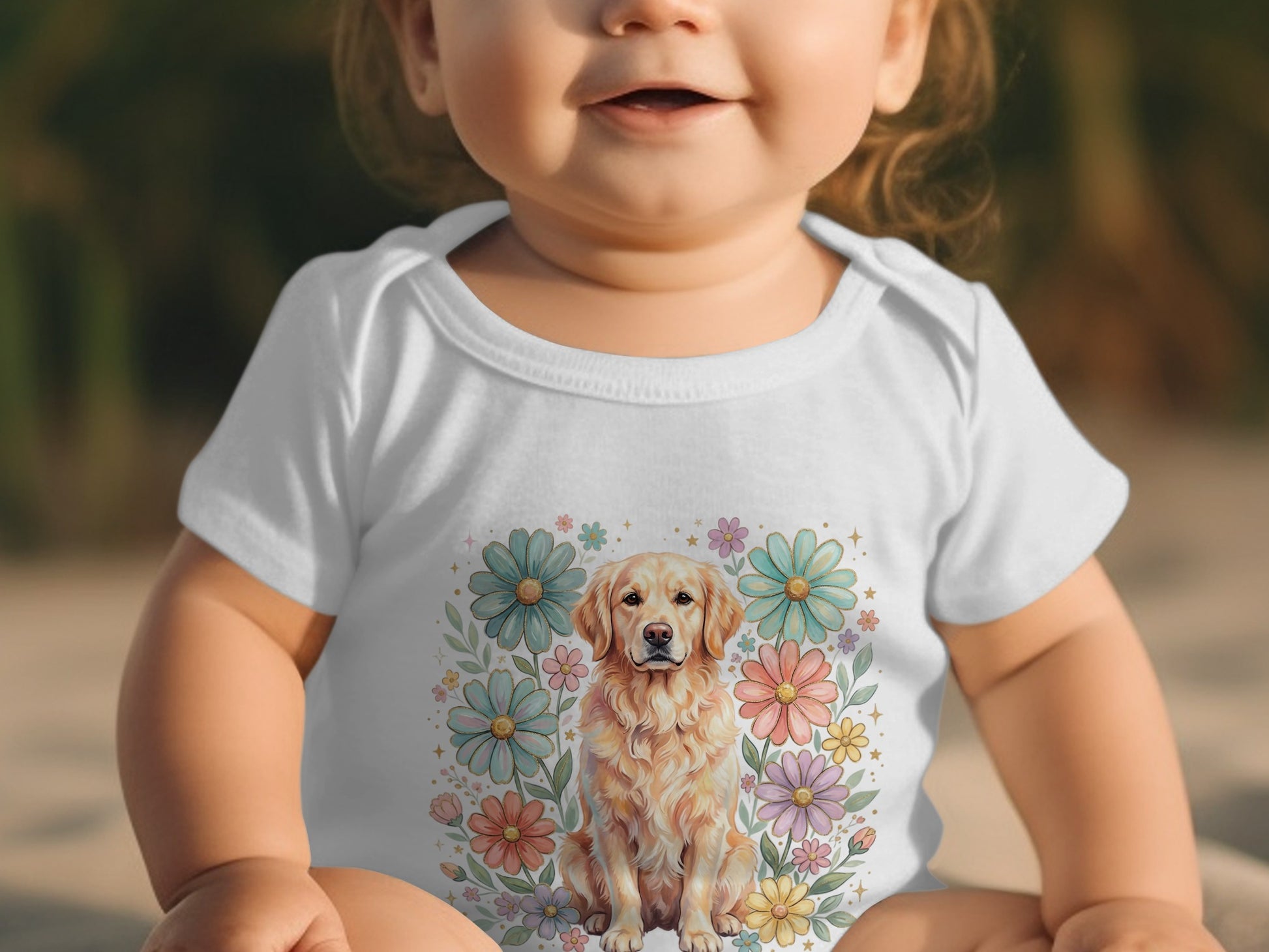 Baby wearing white onesie with golden retriever and floral graphic.