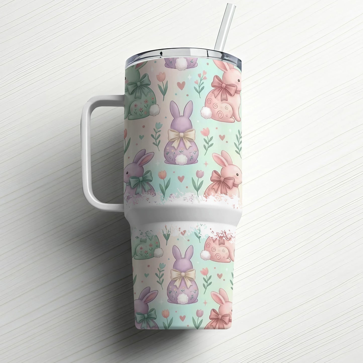 Easter bunny pattern on a large insulated tumbler with a straw.