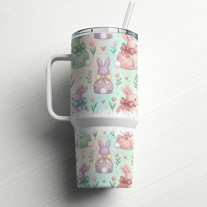 Easter bunny pattern on a large insulated tumbler with a straw.