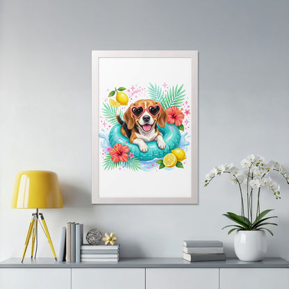 Beagle dog in a life preserver with sunglasses and lemons.