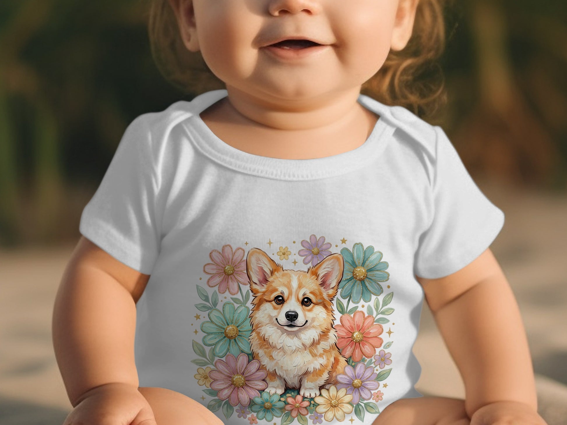 Baby wearing white bodysuit with Corgi and flower graphic.