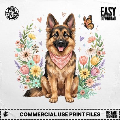 German Shepherd with bandana surrounded by floral wreath and butterfly.